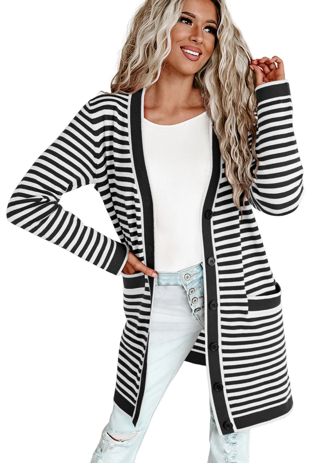 Black Stripe Long Sleeve Button Up Tunic Cardigan