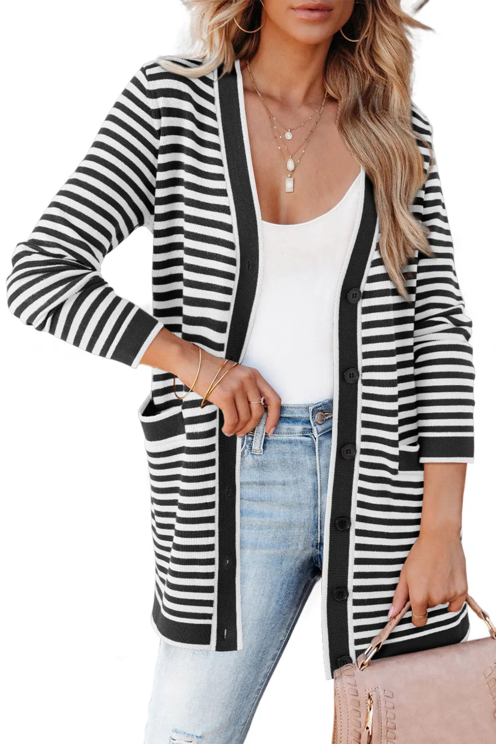 Black Stripe Long Sleeve Button Up Tunic Cardigan