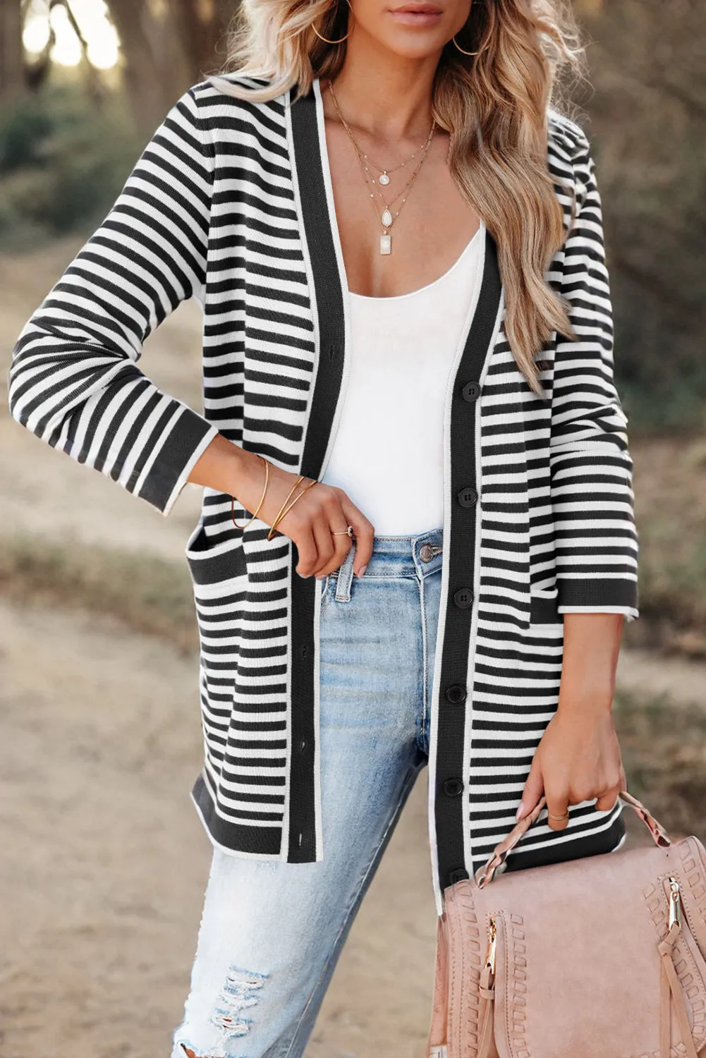 Black Stripe Long Sleeve Button Up Tunic Cardigan