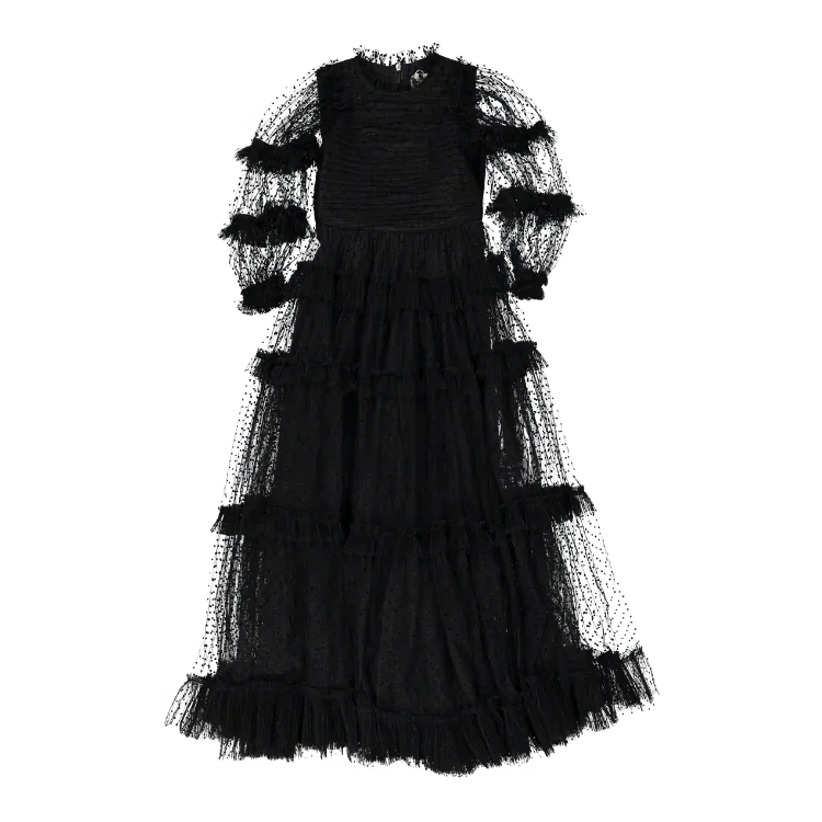 Black Tulle Pleated Frill Gown