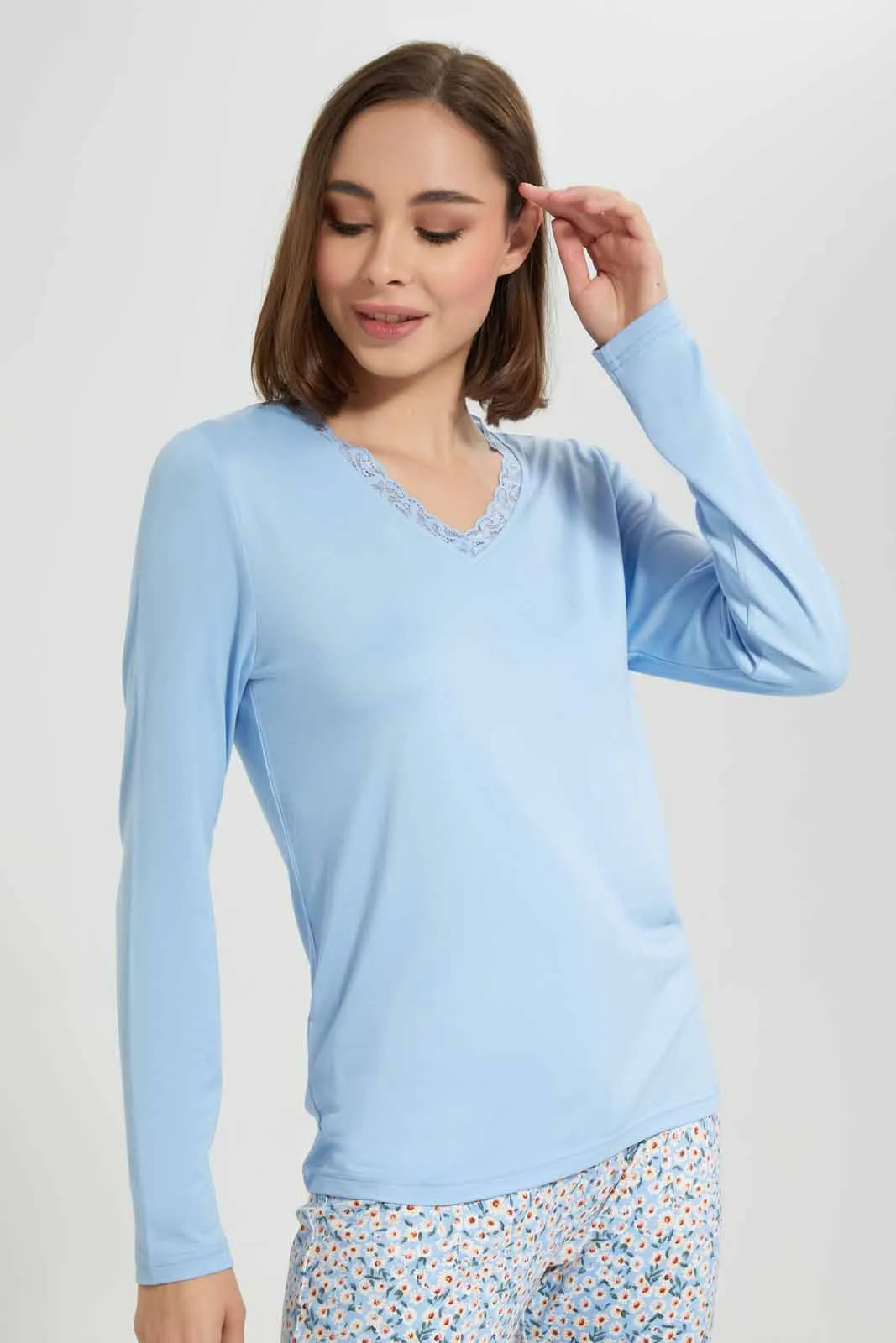 Blue Long Sleeve Pyjama Set For Women (2 Piece)