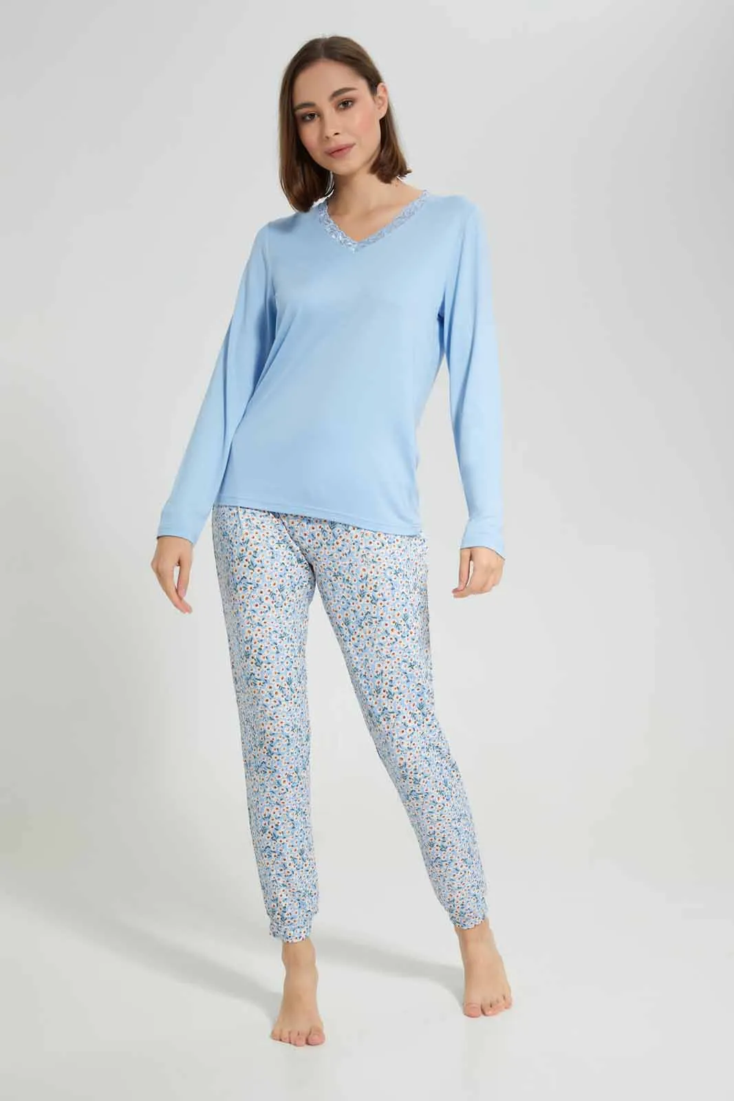 Blue Long Sleeve Pyjama Set For Women (2 Piece)