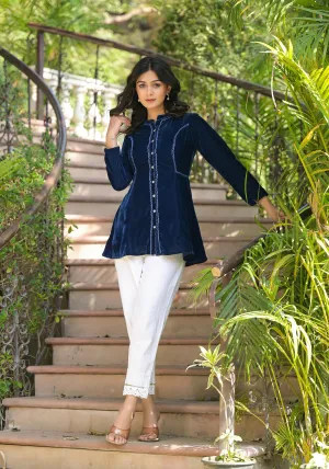 Blue Solid Velvet Tunic With Button Closure