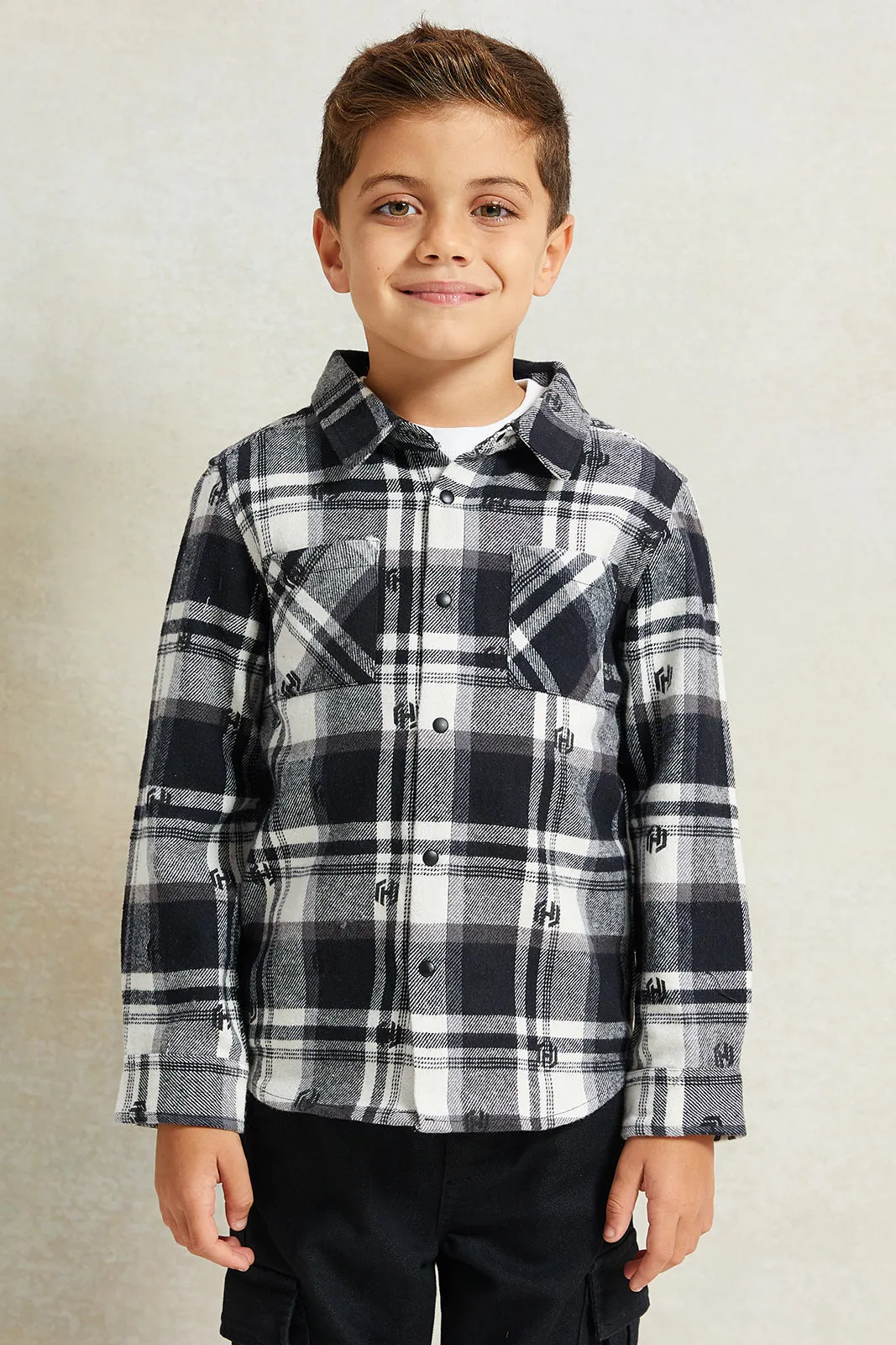 Boys Black And White Check Shirt Flannel With T-Shirt Set