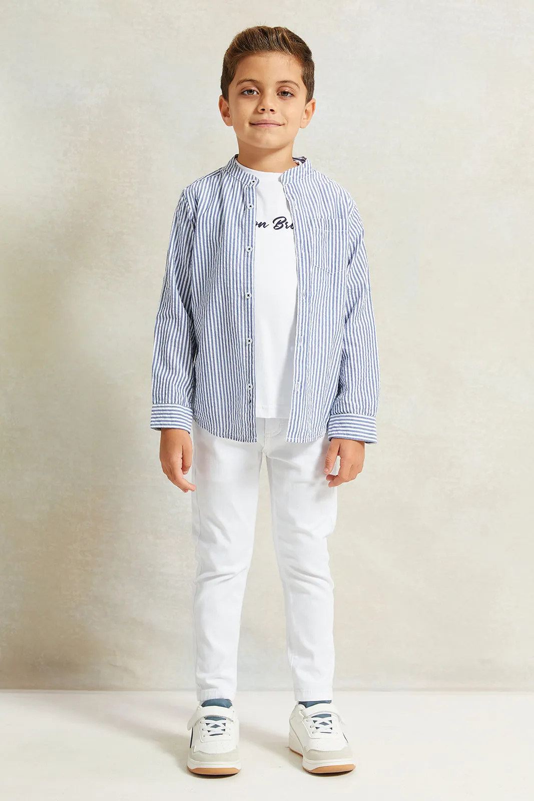 Boys Blue And White Long Sleeve Mandarin Collar Shirt With T-Shirt Set