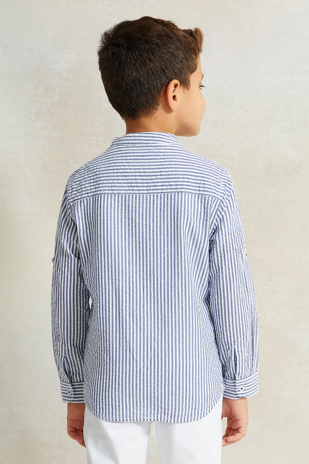 Boys Blue And White Long Sleeve Mandarin Collar Shirt With T-Shirt Set