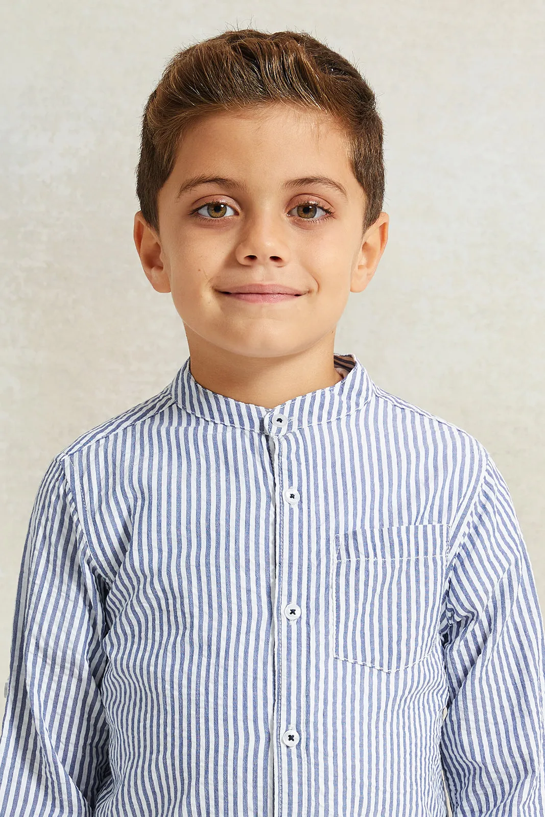 Boys Blue And White Long Sleeve Mandarin Collar Shirt With T-Shirt Set