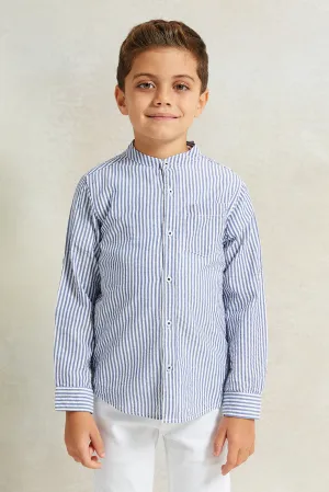 Boys Blue And White Long Sleeve Mandarin Collar Shirt With T-Shirt Set