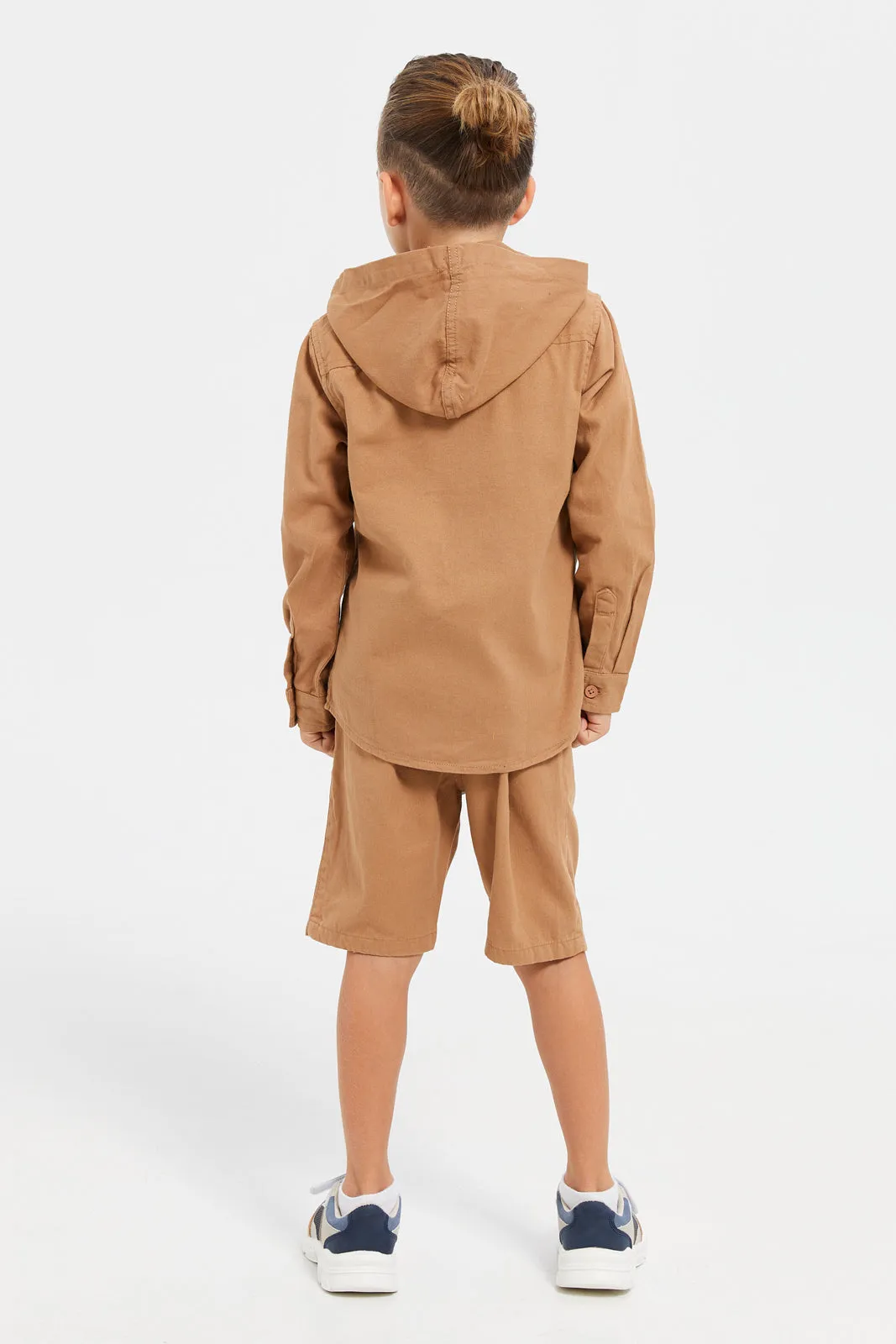 Boys Brown And Beige Hooded Shirt And Short Set (3 Piece)