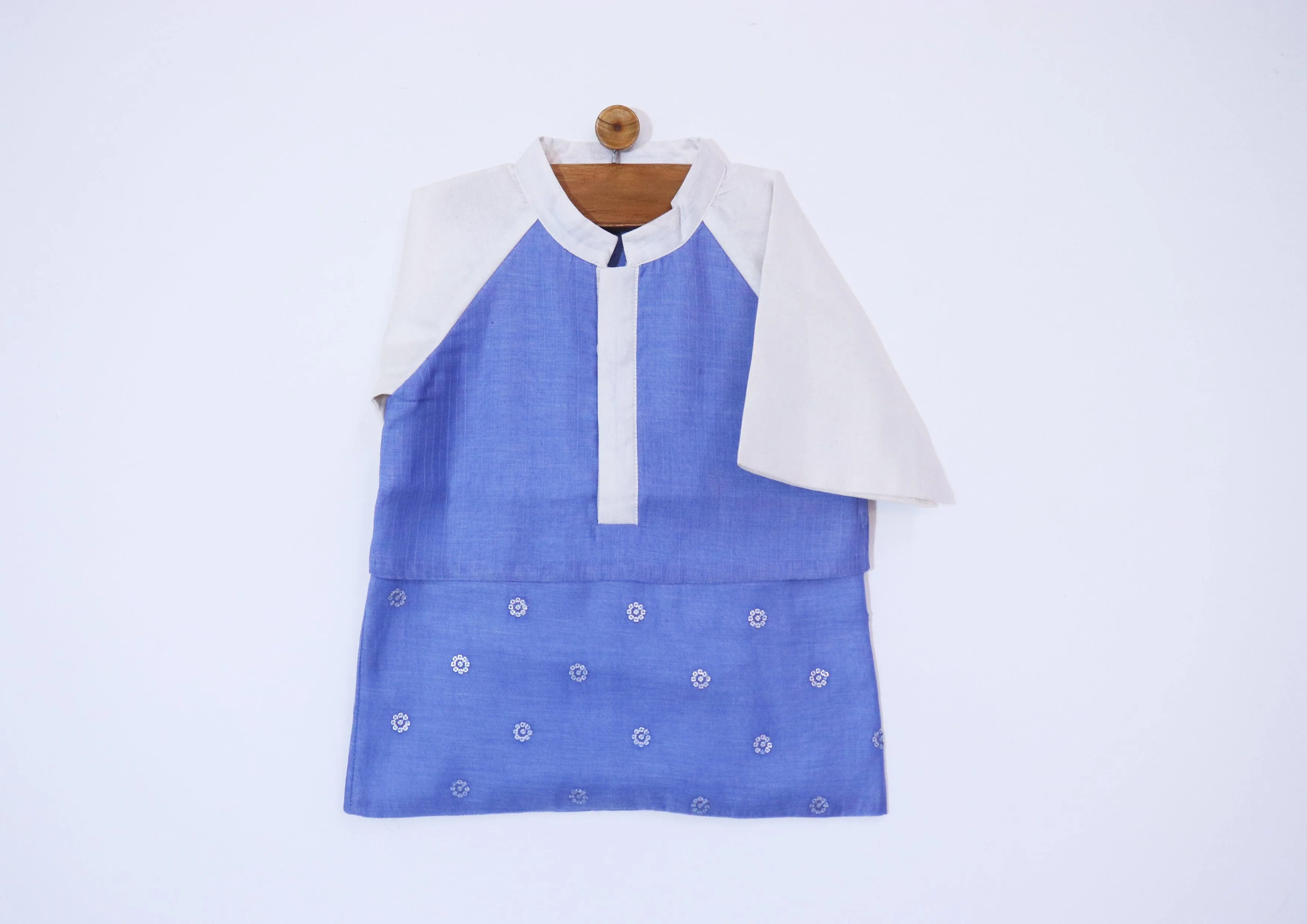 Boys Chanderi PartyWear Short Kurta - Blue & Offwhite