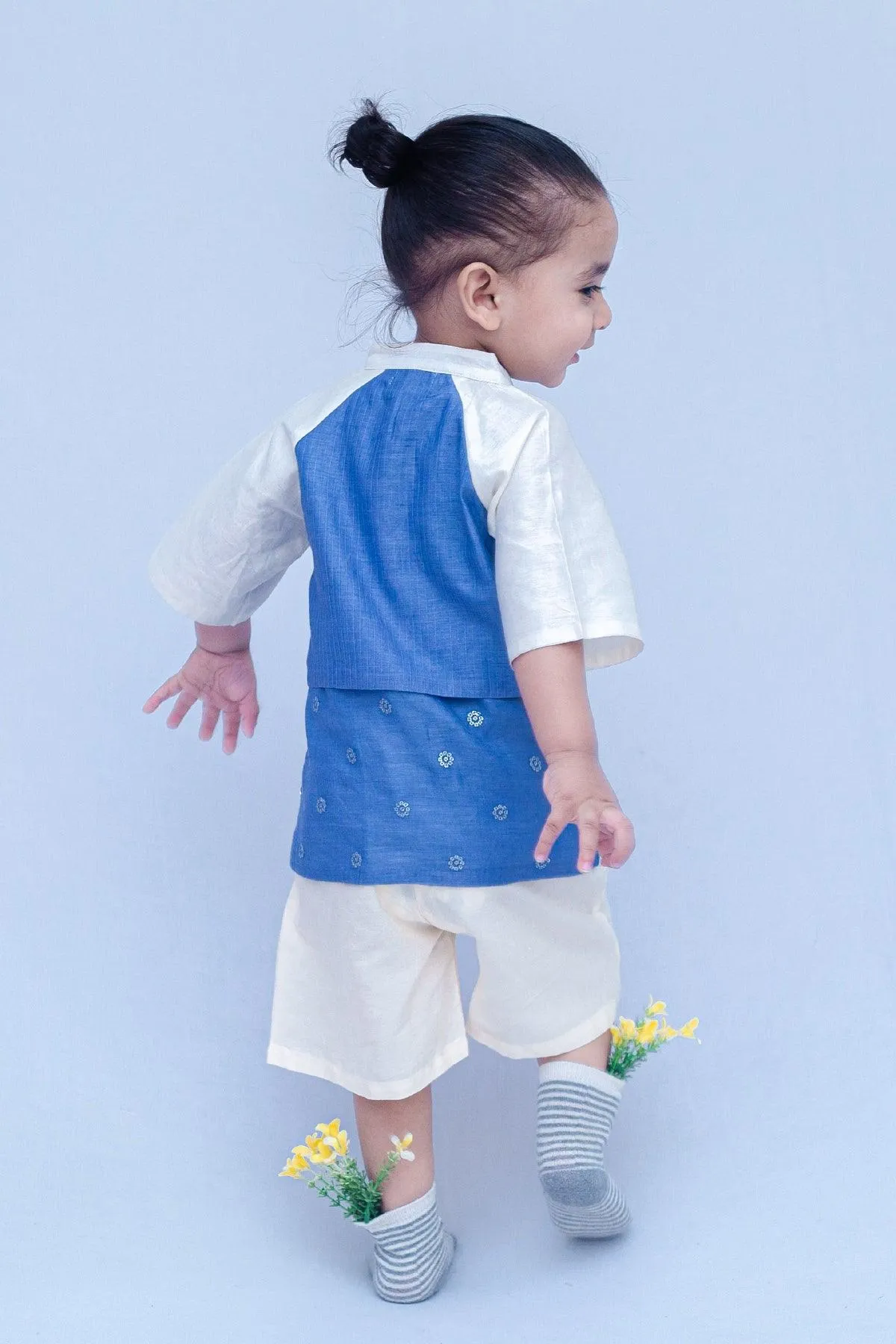 Boys Chanderi PartyWear Short Kurta - Blue & Offwhite