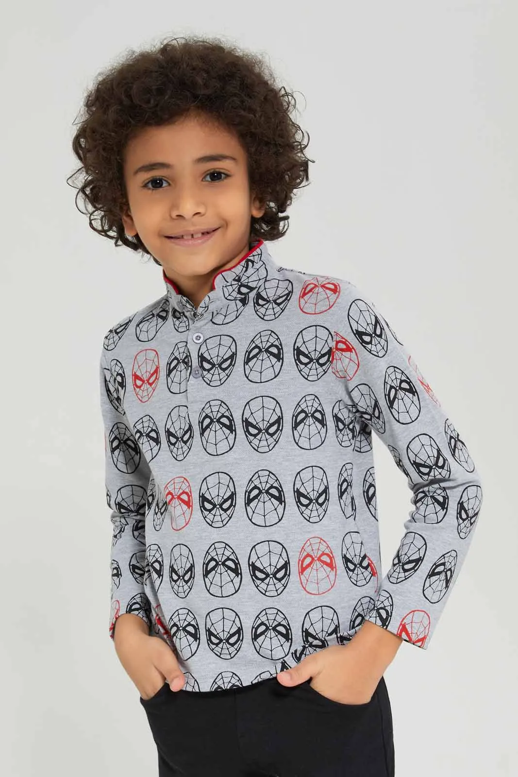 Boys Grey Long Sleeve Spiderman Character Polo Shirt