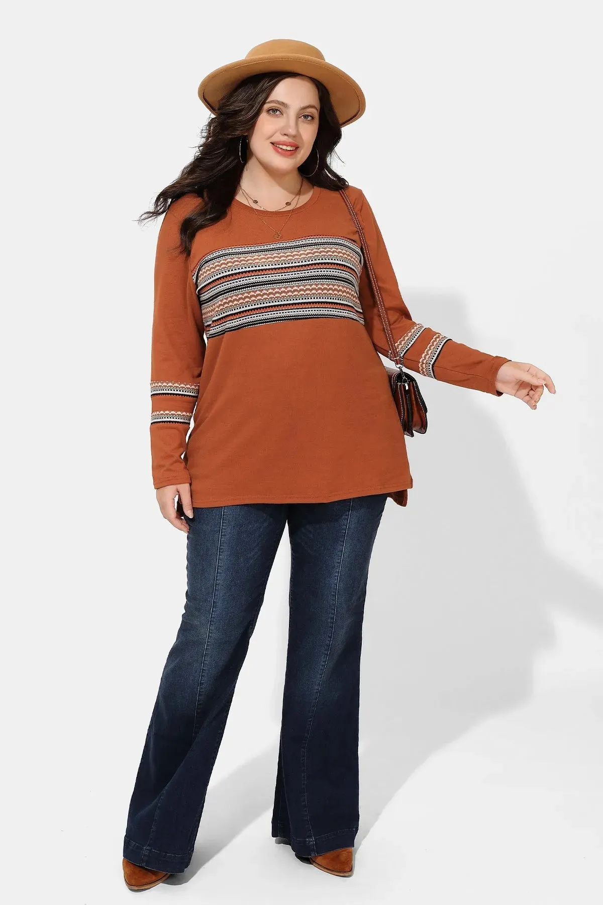 Brown Stripe Patchwork Elegant Long Sleeve Shirt