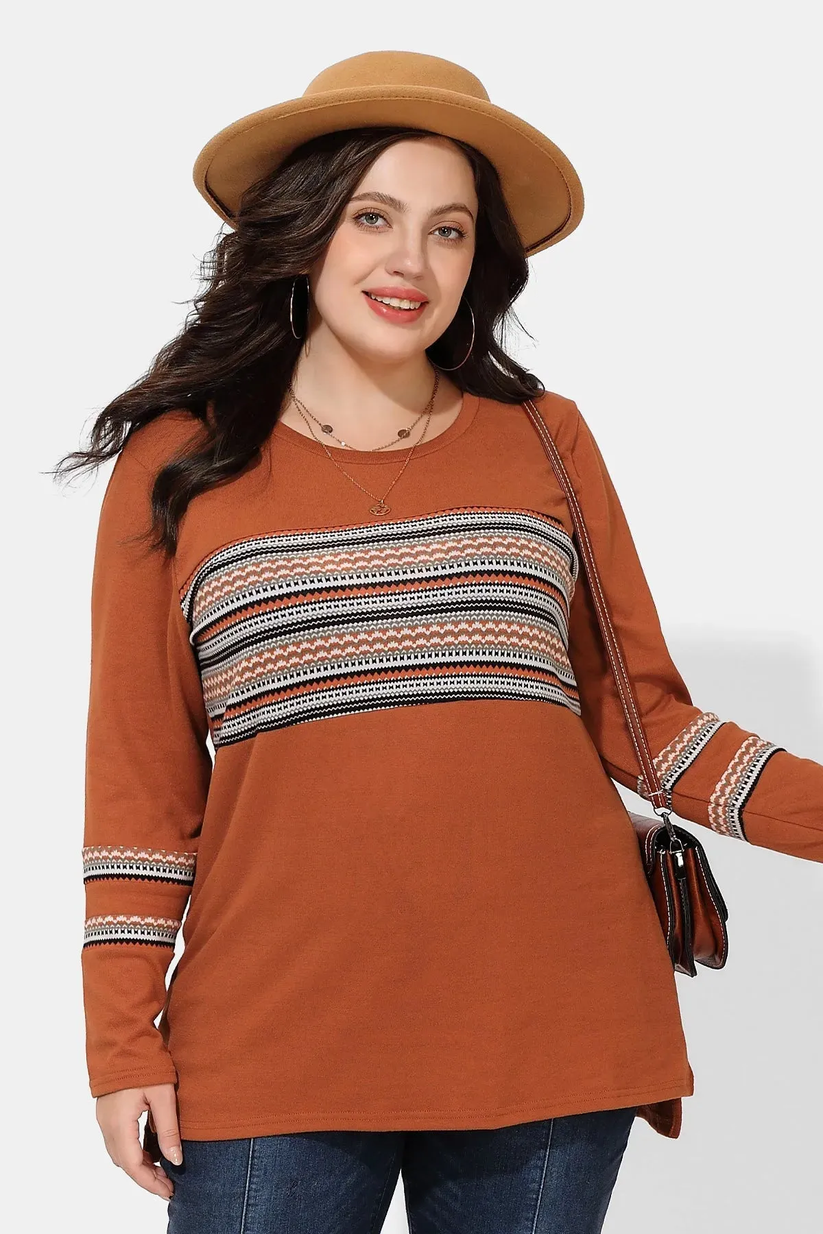 Brown Stripe Patchwork Elegant Long Sleeve Shirt