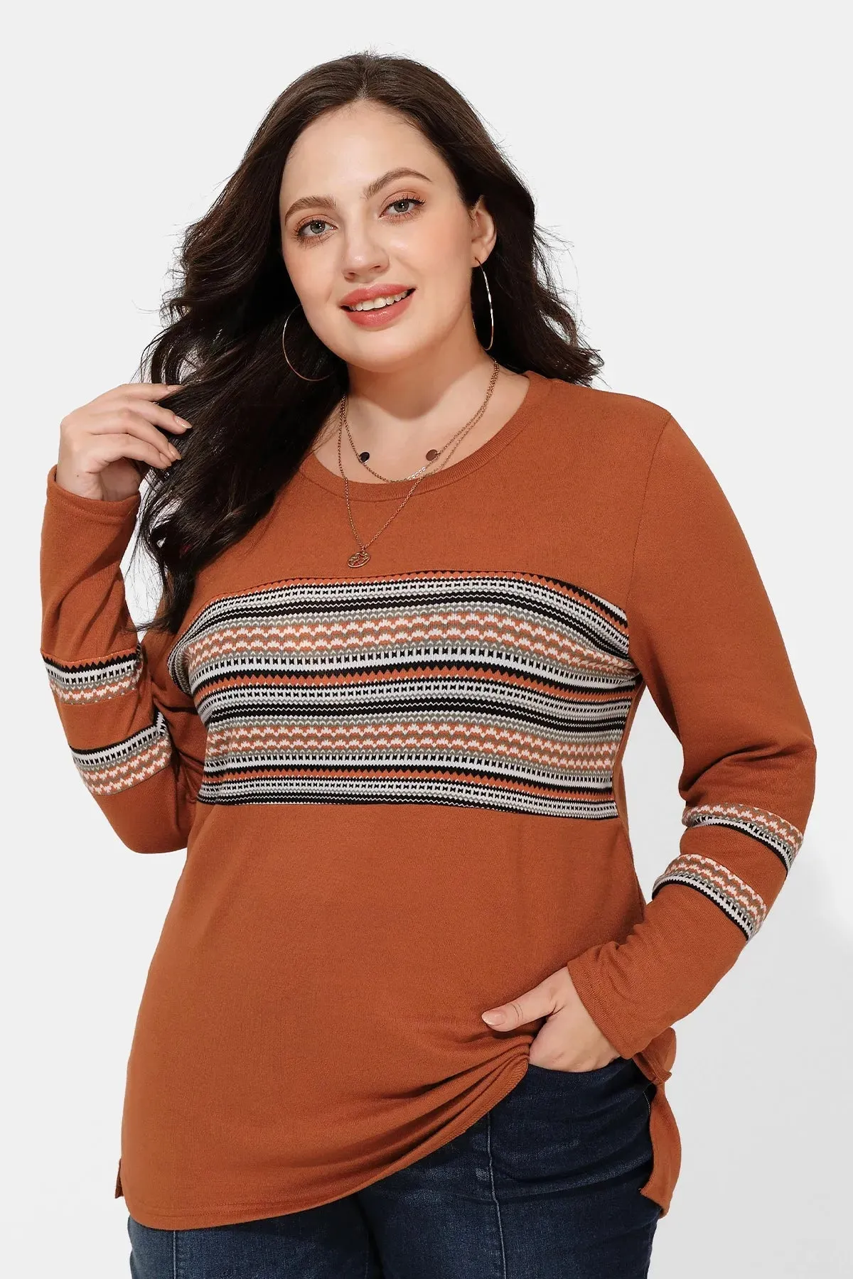 Brown Stripe Patchwork Elegant Long Sleeve Shirt