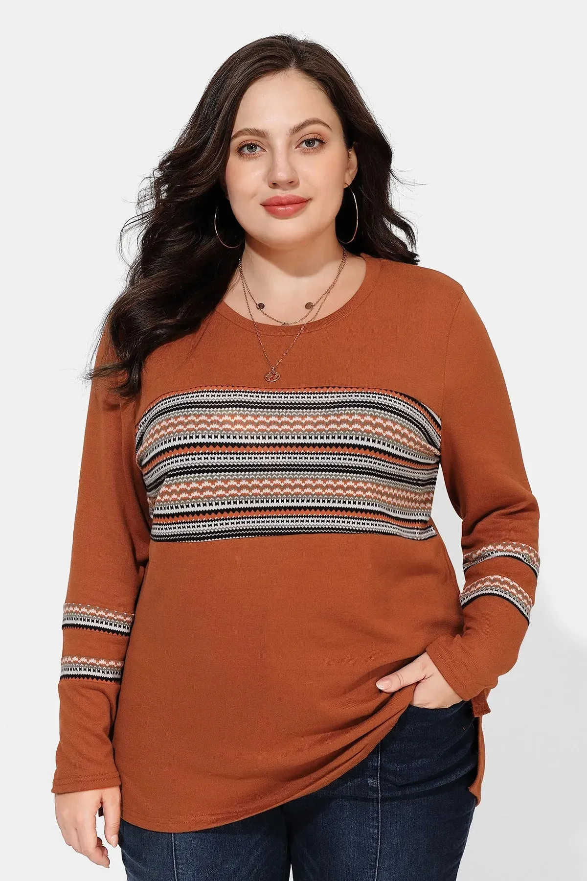 Brown Stripe Patchwork Elegant Long Sleeve Shirt