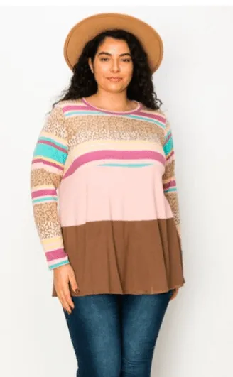 Brynnlee Tiered Lightweight Long Sleeve in Stripe Leo Mix