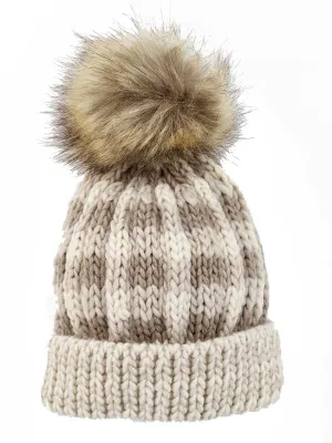 Buffalo Check Fur Pom Hat, Pebble