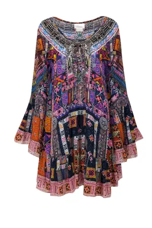 Camilla - Black & Multi Color Print Beaded Trim Tunic Dress Sz L