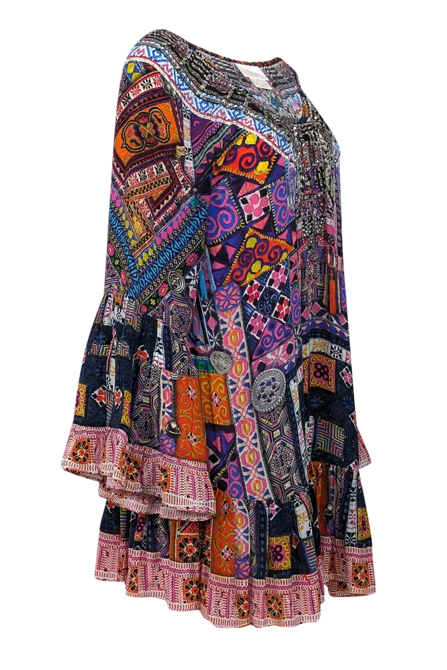 Camilla - Black & Multi Color Print Beaded Trim Tunic Dress Sz L