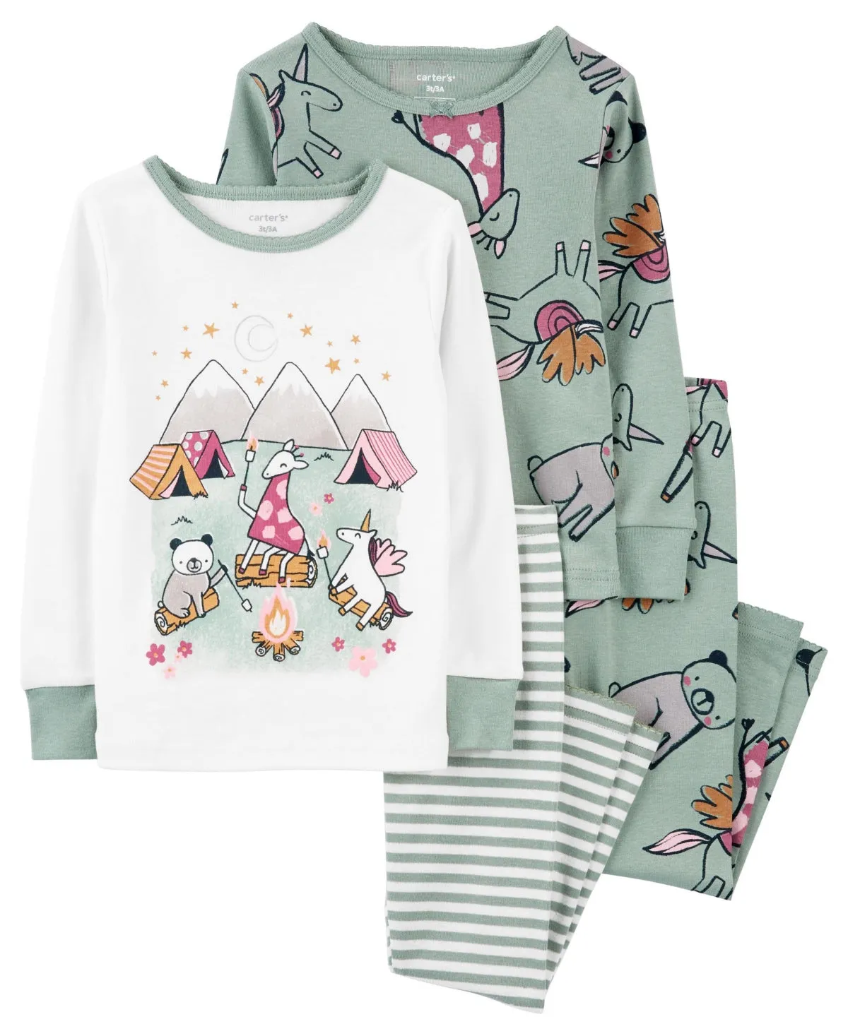 Carter's Girls' Sleep- Green Unicorn Pajama Set 4pc Set