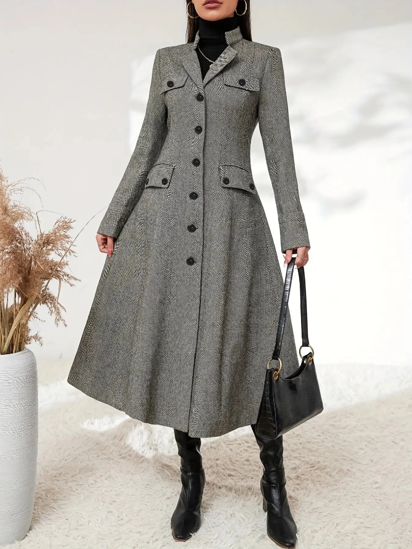 Chevron Lapel Coat A-line Silhouette Coat