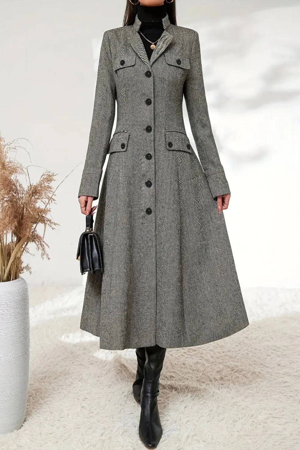 Chevron Lapel Coat A-line Silhouette Coat