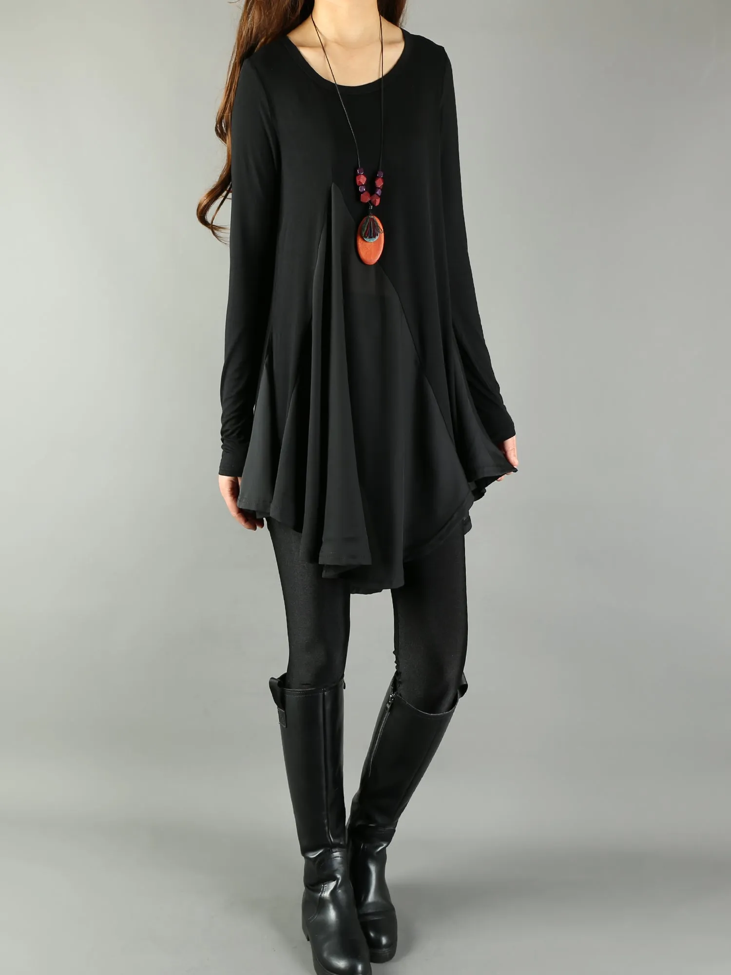 Chiffon Tunic for Women/Women's Modal and Chiffon Tunic Dress/Modal Top/Tunic Tops for Leggings/chiffon dress/modal t-shirt/long sleeve t-shirt(Y1819)