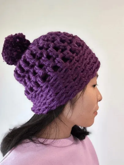 Chunky crochet purple Beanie | Crochet Beret | Slouchy Hat in dark purple | Knit beanie super chunky | cozy winter beret hat