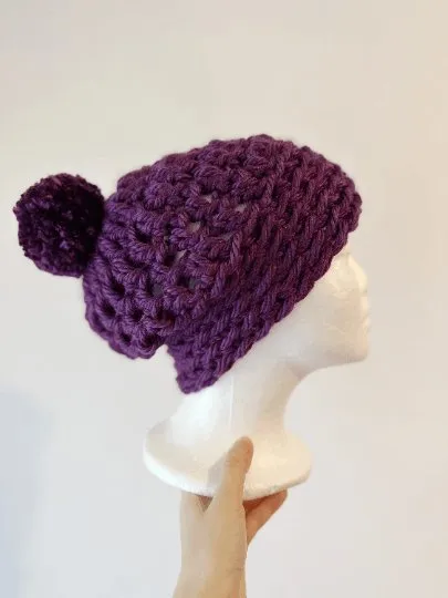 Chunky crochet purple Beanie | Crochet Beret | Slouchy Hat in dark purple | Knit beanie super chunky | cozy winter beret hat