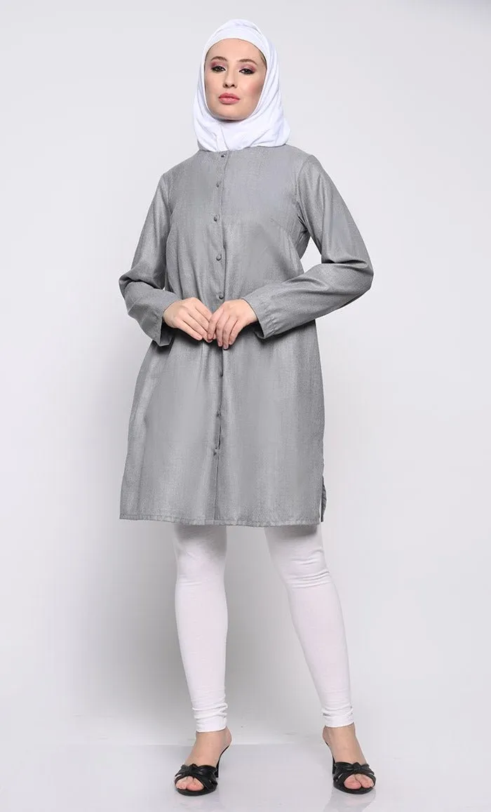 Classic Polyester Poplin Tunic with Full-Length Button Opening