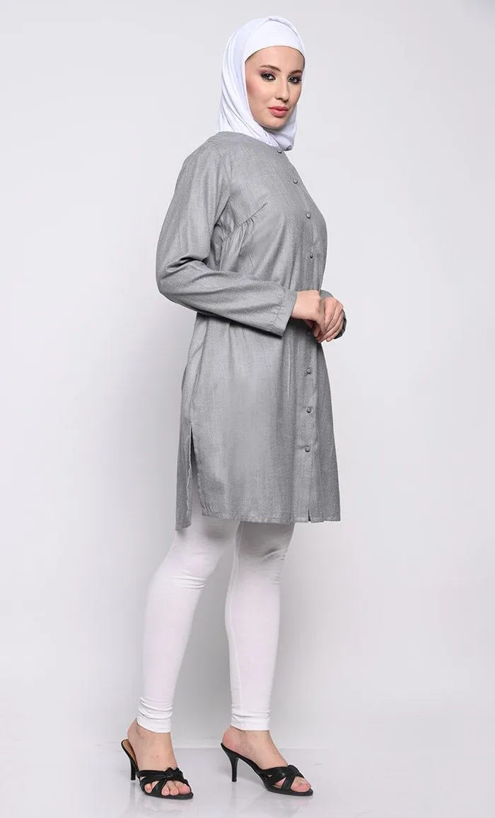 Classic Polyester Poplin Tunic with Full-Length Button Opening