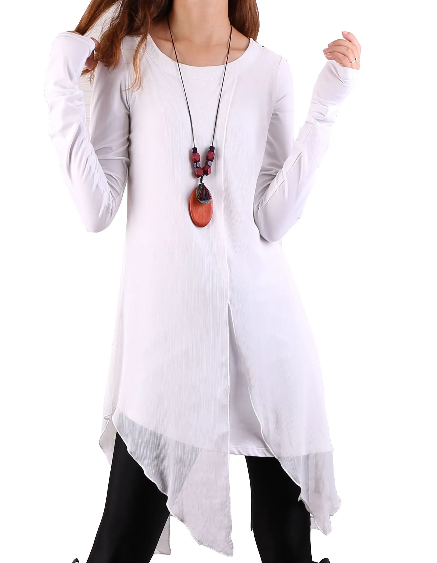 Cotton and Chiffon Tunic Dress/Womens Long Sleeve Top/Layered Cotton Top/Plus Size Tunic Top/Oversized T-shirt/Casual T-Shirt/Asymmetrical Dress(Y1702)