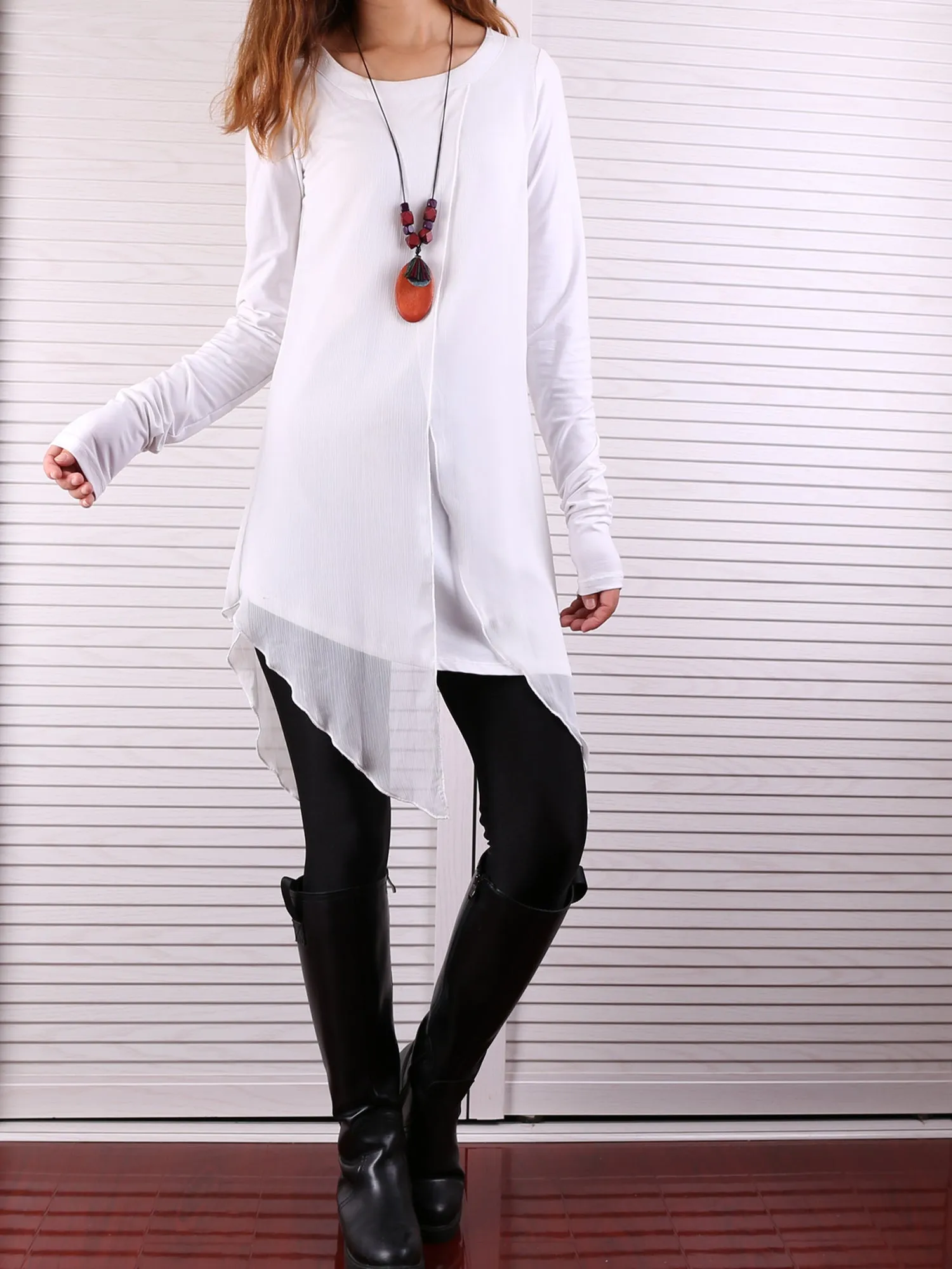 Cotton and Chiffon Tunic Dress/Womens Long Sleeve Top/Layered Cotton Top/Plus Size Tunic Top/Oversized T-shirt/Casual T-Shirt/Asymmetrical Dress(Y1702)