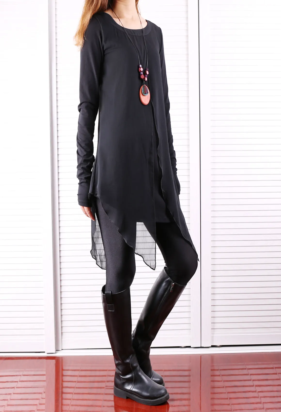 Cotton and Chiffon Tunic Dress/Womens Long Sleeve Top/Layered Cotton Top/Plus Size Tunic Top/Oversized T-shirt/Casual T-Shirt/Asymmetrical Dress(Y1702)