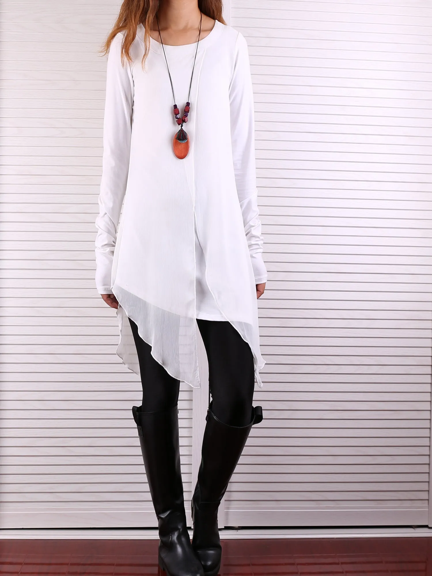 Cotton and Chiffon Tunic Dress/Womens Long Sleeve Top/Layered Cotton Top/Plus Size Tunic Top/Oversized T-shirt/Casual T-Shirt/Asymmetrical Dress(Y1702)