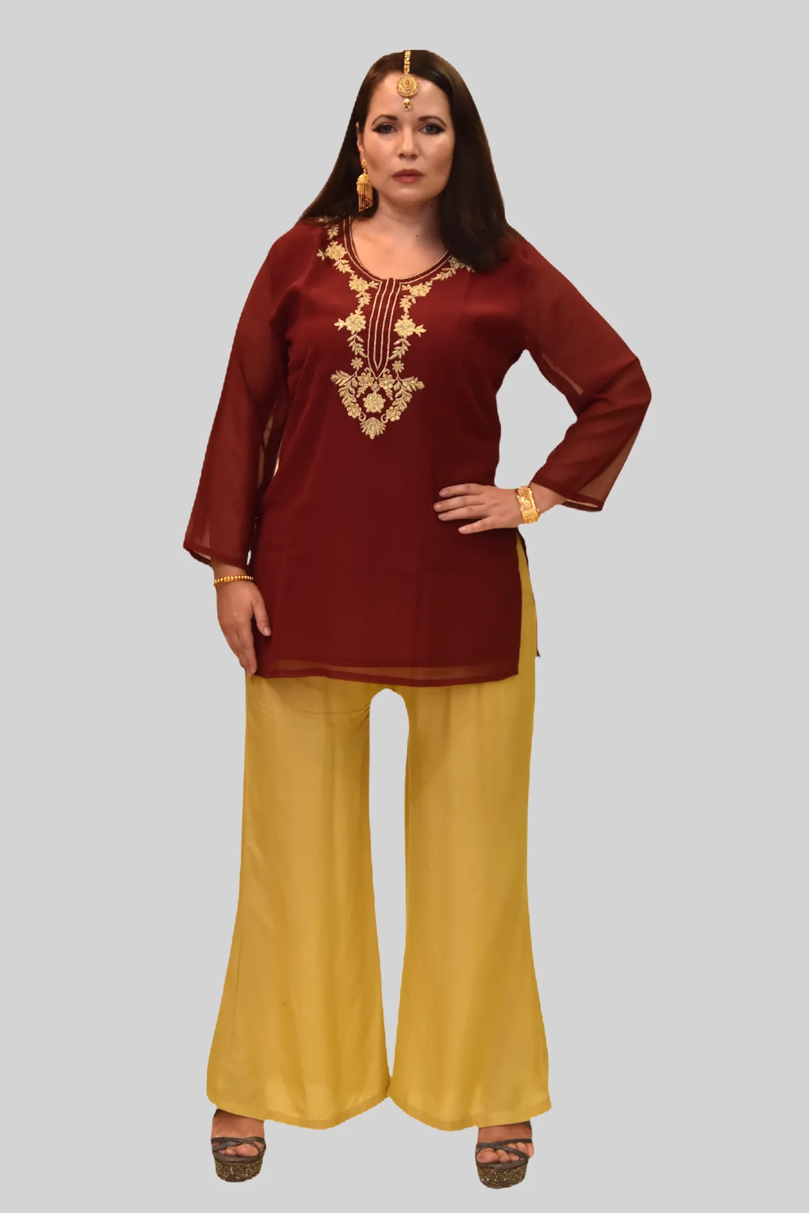 Cotton Chiffon Rosewood Red Embroidered Kurti