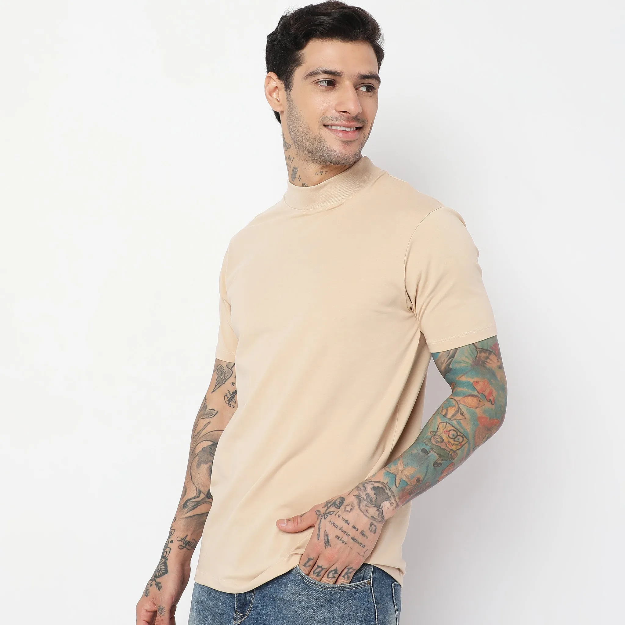 Cotton with E-fast® Stretch High Neck Slim Fit Solid T-Shirt