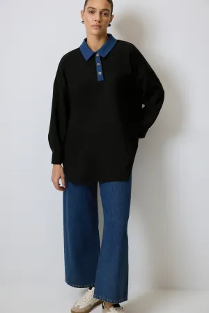 CREPE TUNIC WITH DENIM COLLAR