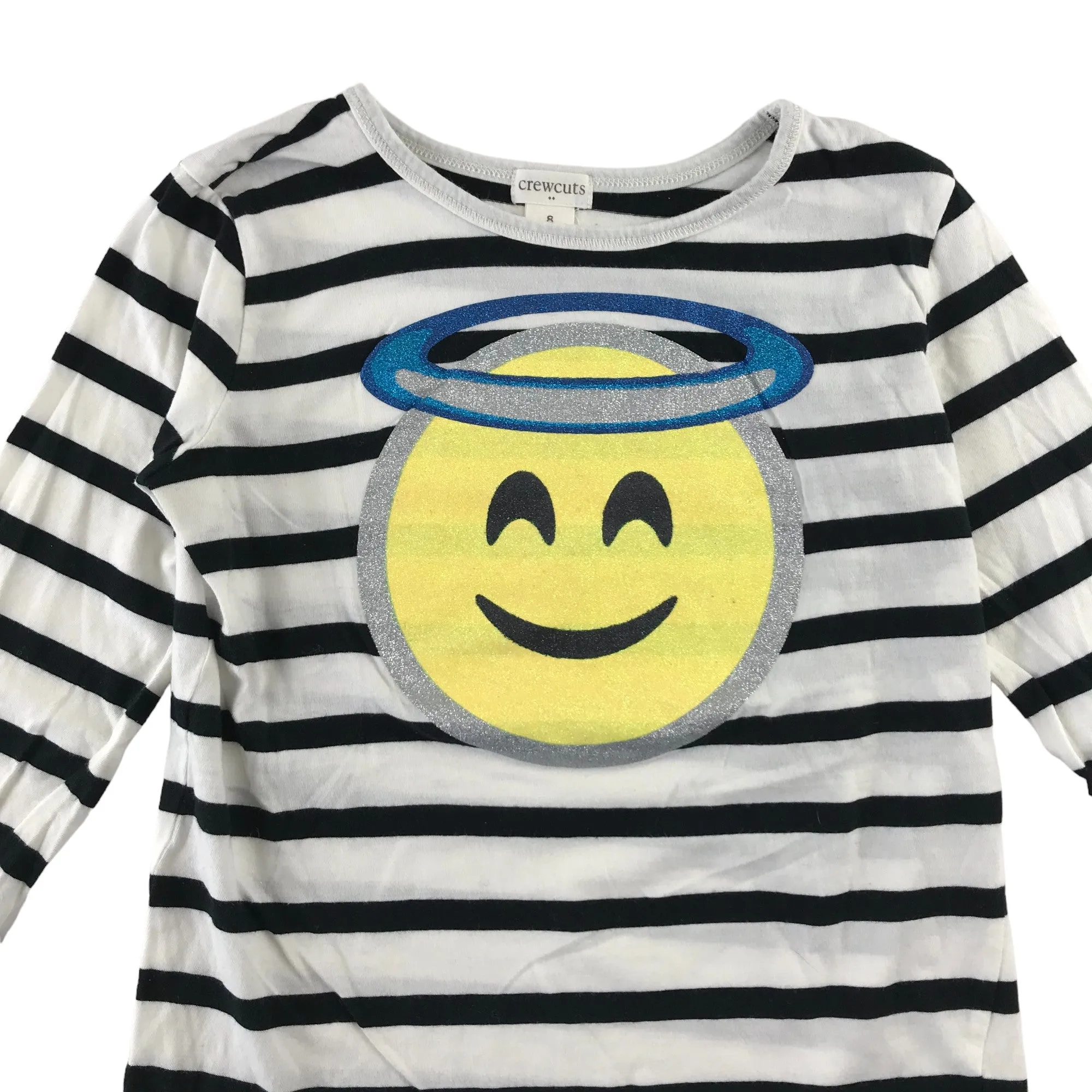 Crewcuts t-shirt 7-8 years white and navy stripy halo emoji cotton