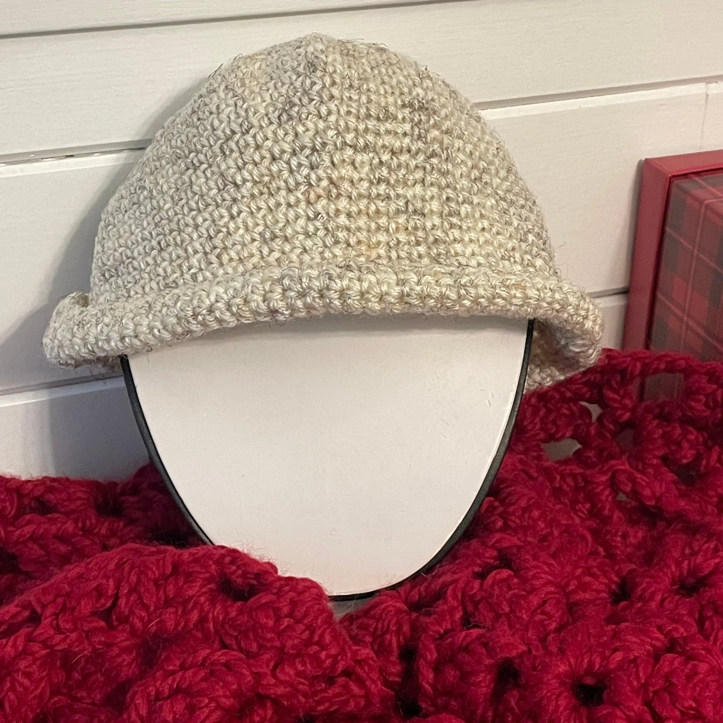 Crochet Rolled Brim Hat in Light Marbled Wheat Hand Crafted Knit Unisex Vintage Retro Style Outdoor Handmade Women Gift Accessory