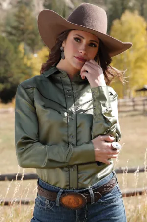 Cruel Denim Women's Sage Green Satin Classic Fit Long Sleeve Snap Western Shirt CTW7466007