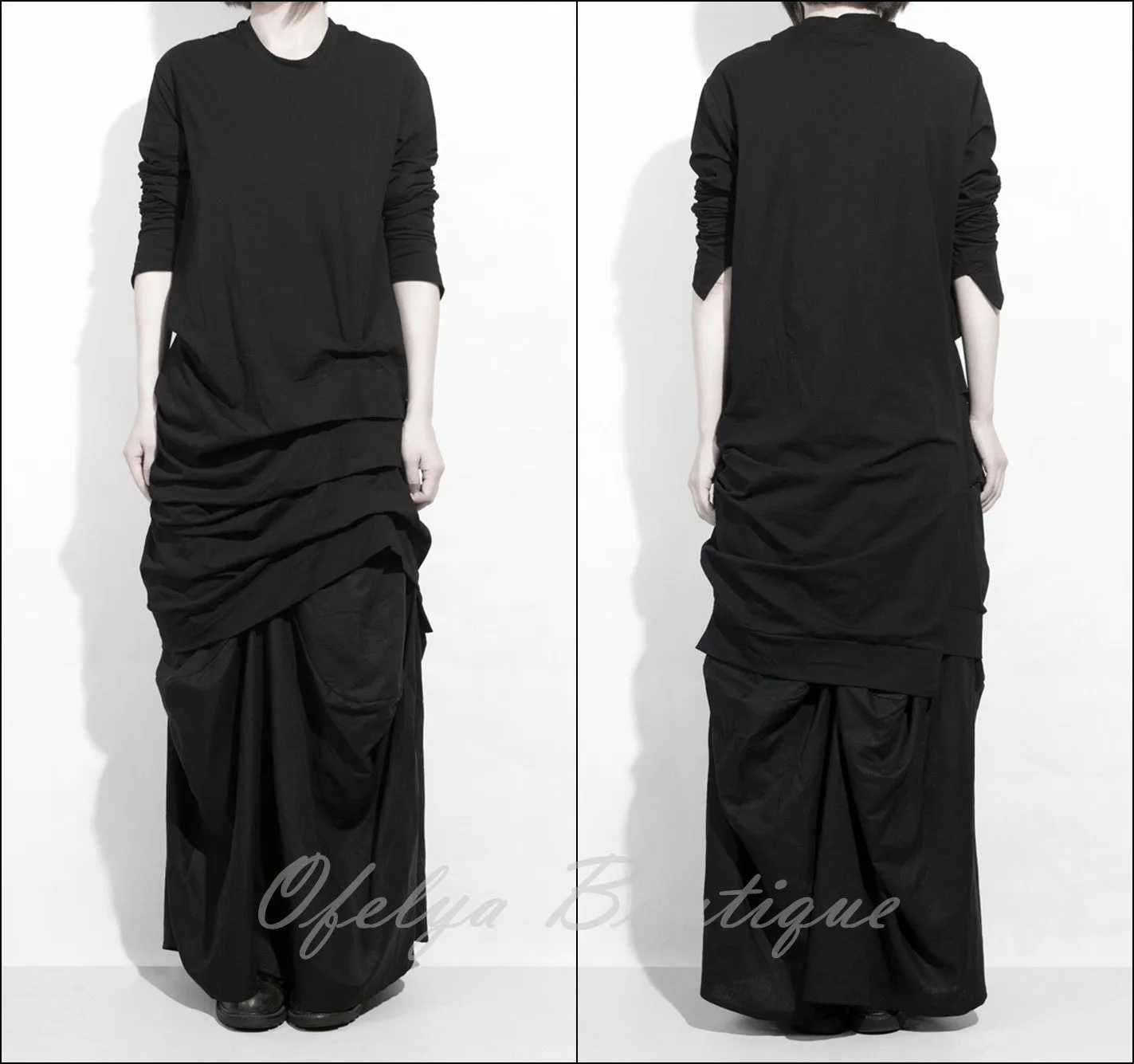 Dark Cotton Ruffle Top Hackers Draped Design Long Sleeve Tunic Dress