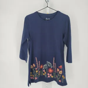 Denim & Company Womens Sz XS Tunic Length Top Blue Floral Embroidered Hem