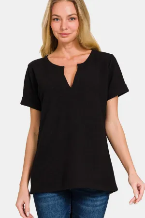 Dolly - Notched Short Sleeve Waffle T-Shirt - Black - Exclusively Online