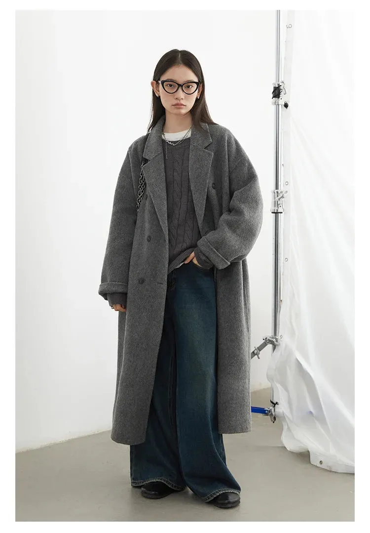 Double breasted oversized chic long wool trench coat