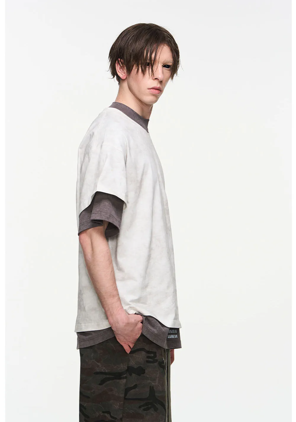 Double layered Damaged short sleeve T-shirt