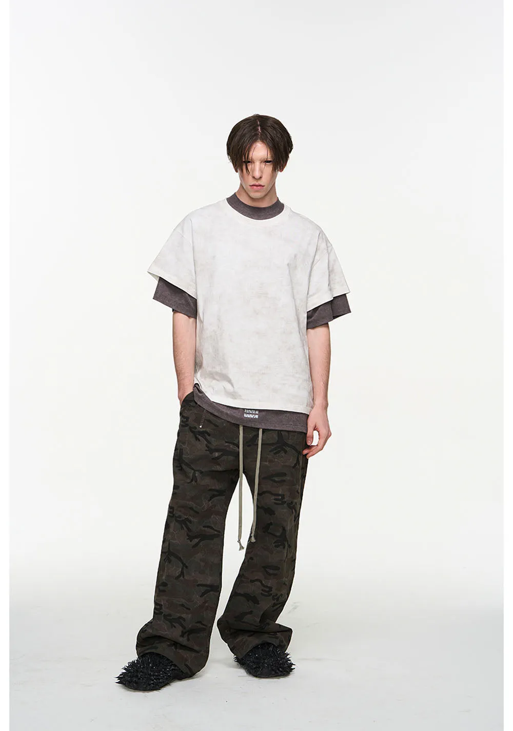 Double layered Damaged short sleeve T-shirt