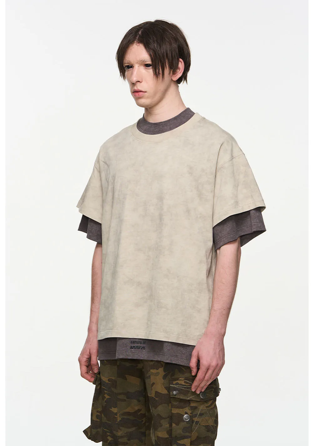 Double layered Damaged short sleeve T-shirt