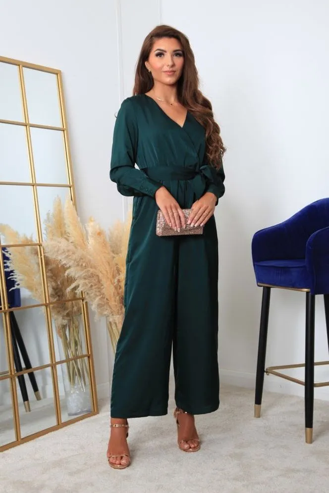 Double Second Bottle Green Lux Satin Wrap Jumpsuit